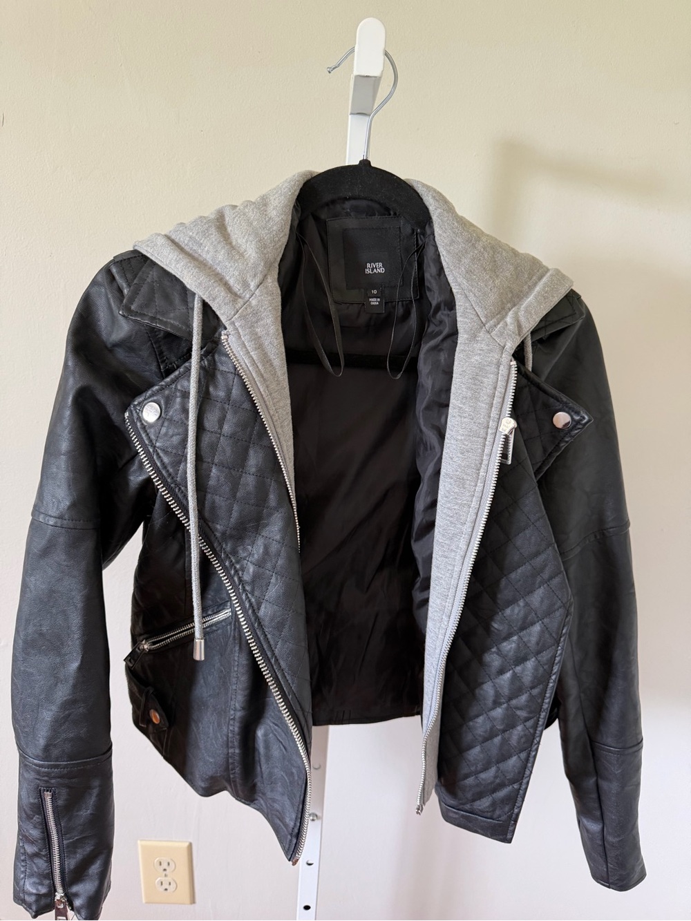 River Island Black Quilted Faux Leather Moto Jacket with Gray Hooded Layer